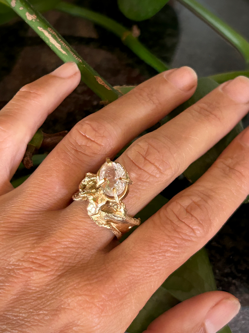 Thumbnail: Handmade ring, gold plated, with white quartz