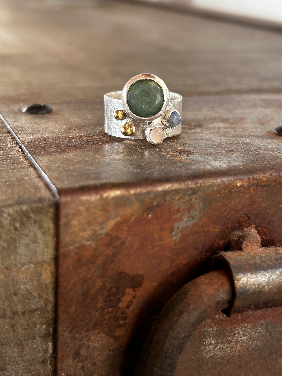 Thumbnail: Handmade 925 silver ring with aventurine, lapis lazuli, and rose quartz.