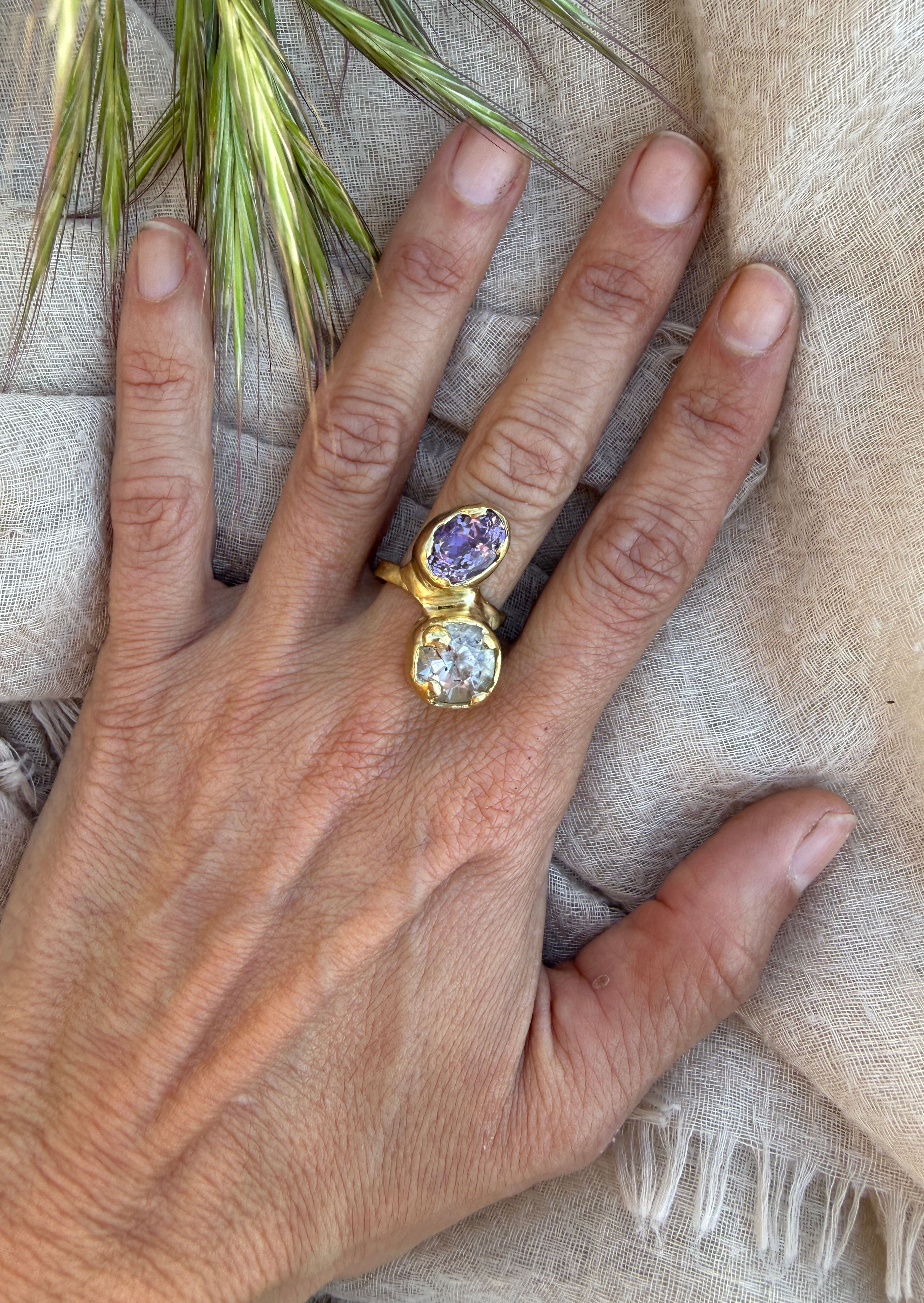Double Crystal Brass Ring – Madagascar Amethyst & White Quartz