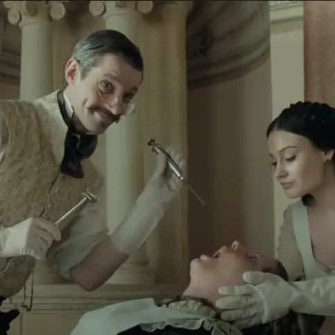 A young woman getting a brutal nosejob in The Ugly Stepsister fantasy body horror.