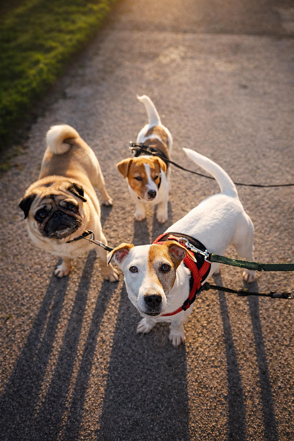 Trois chiens en promenade pour une garderie canine