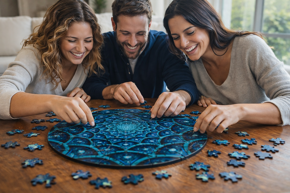 Three people smiling and assembling a circular blue puzzle on a wooden table. Bright, cheerful indoor setting with a cozy background.
