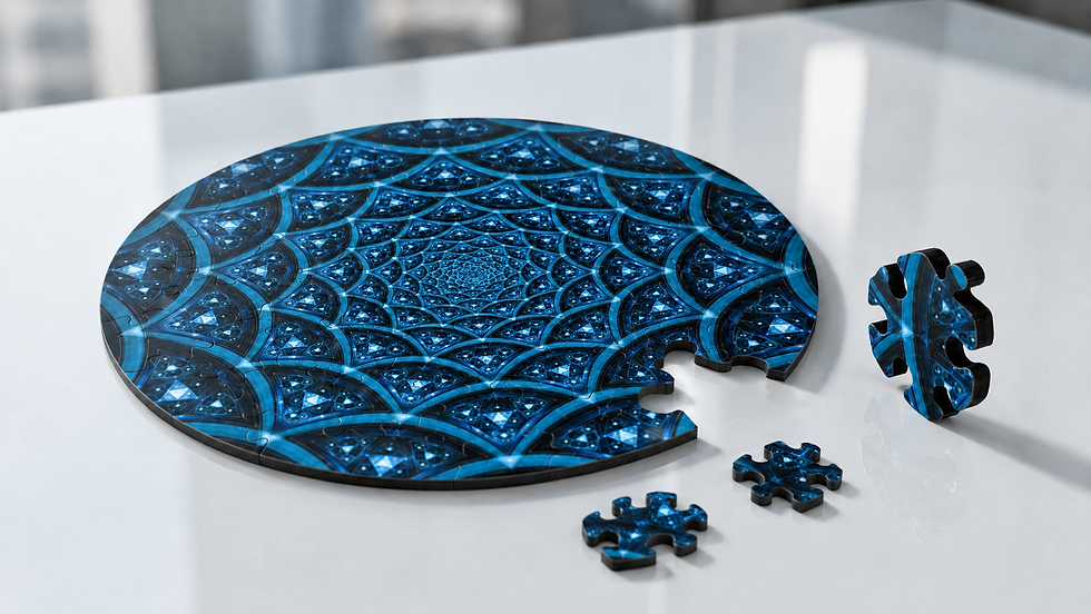 Alpha Blue puzzle for pattern recognition games with blue geometric pieces on a white table.