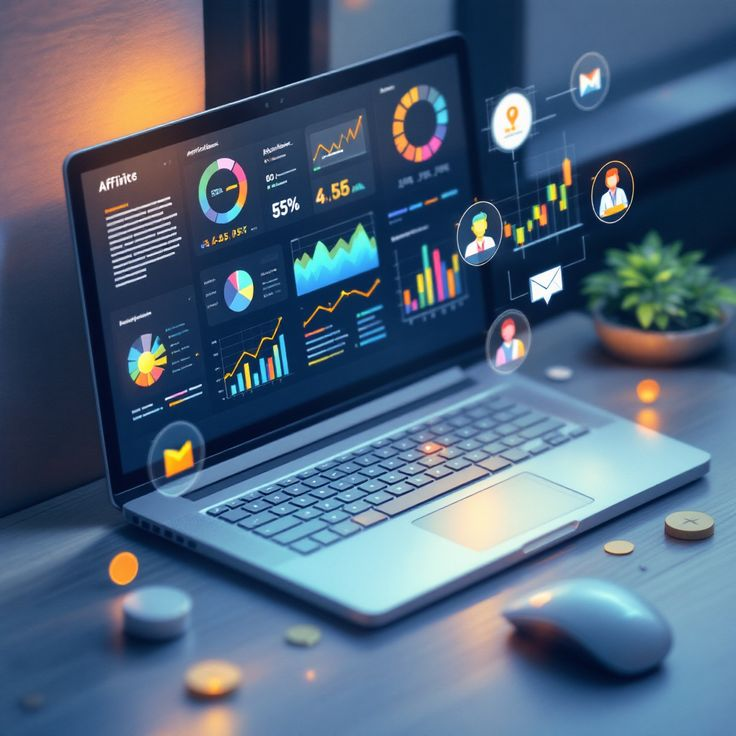 The Qwerty Ink digital analytics dashboard on laptop showing marketing data, performance metrics, and business growth insights