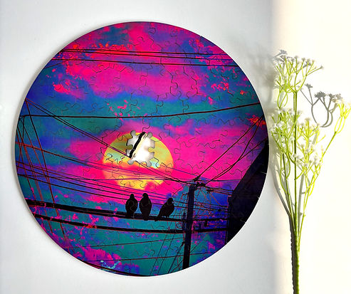 Biredwired circular art puzzle by Wooden Puzzles with neon sunset, birds on power lines and missing piece, challenge your mind and decor