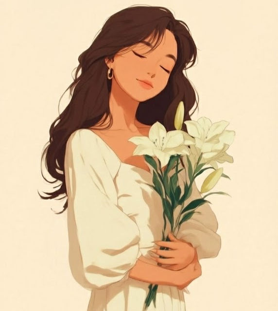 Soft illustration of a woman holding white lilies with eyes closed, expressing serenity, self-love, and emotional balance artwork by PMS LOG.