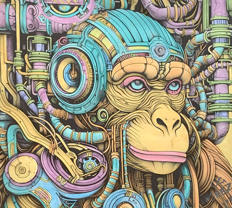 Intricate mechanical-style artwork of a gorilla with colorful gears, pipes, and tech elements, showcasing a fusion of nature and machinery.