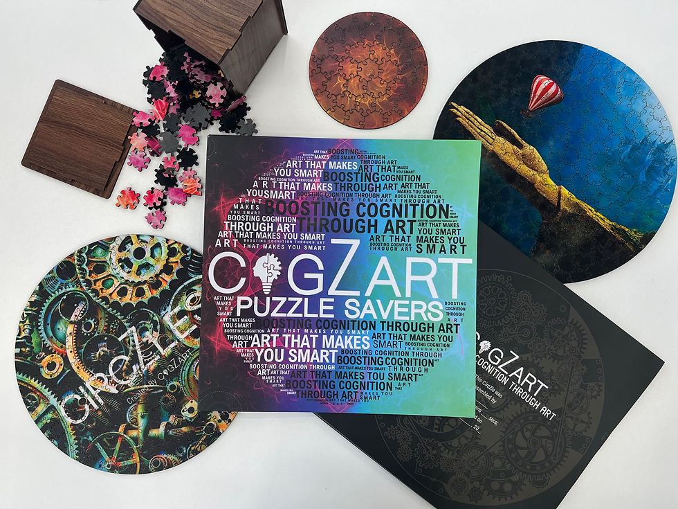 Circular wooden puzzles with vibrant art, scattered pieces, and a wooden box alongside a COGZart Puzzle Savers pack displayed on a white surface.