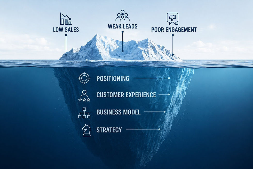 Business growth strategy iceberg showing hidden causes behind low sales, weak leads, and poor engagement.