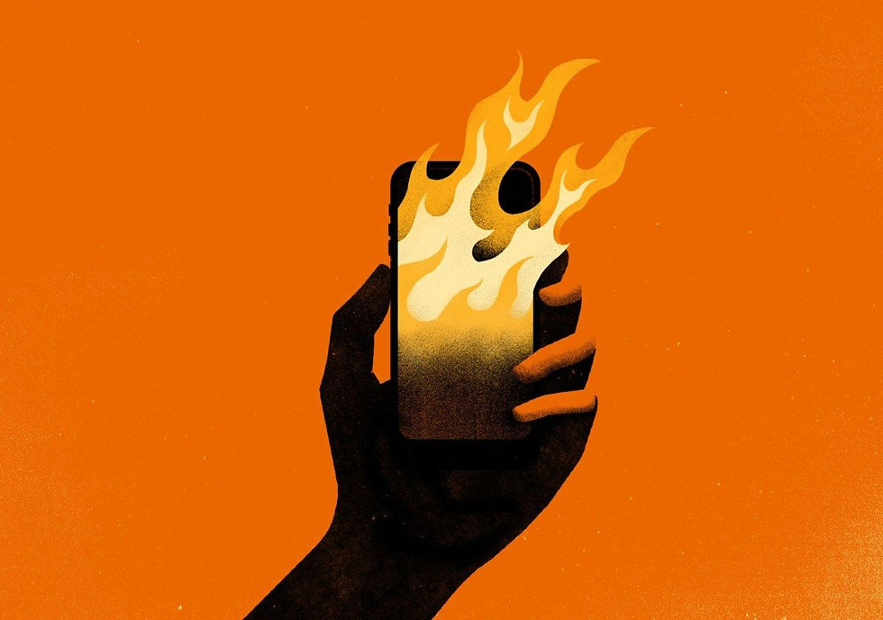 Hand holding a smartphone with flames emerging from the screen. Bold orange background, conveying intense energy or urgency.