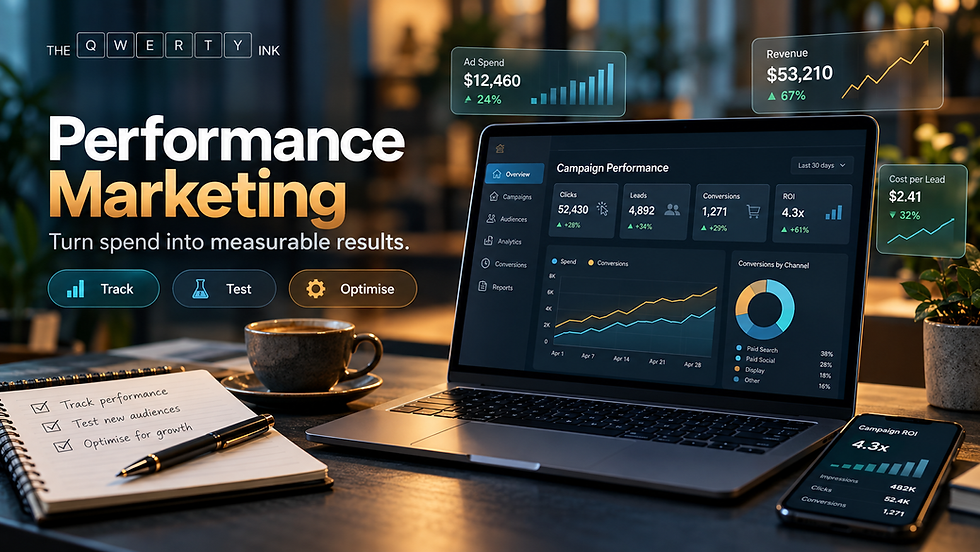 Performance Marketing dashboard by The QWERTY Ink showing ad spend, clicks, leads, conversions, ROI, and campaign optimisation for measurable digital marketing performance.