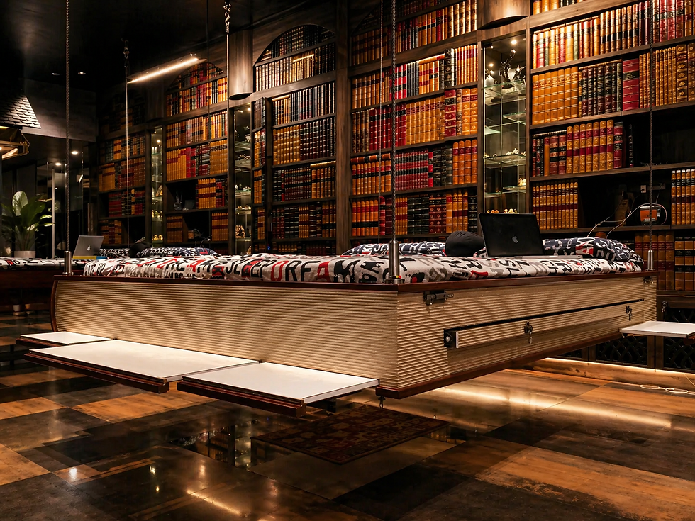 Maze of Haze Hanging Bed Room featuring a floating bed inside a luxurious library-inspired interior with immersive custom des