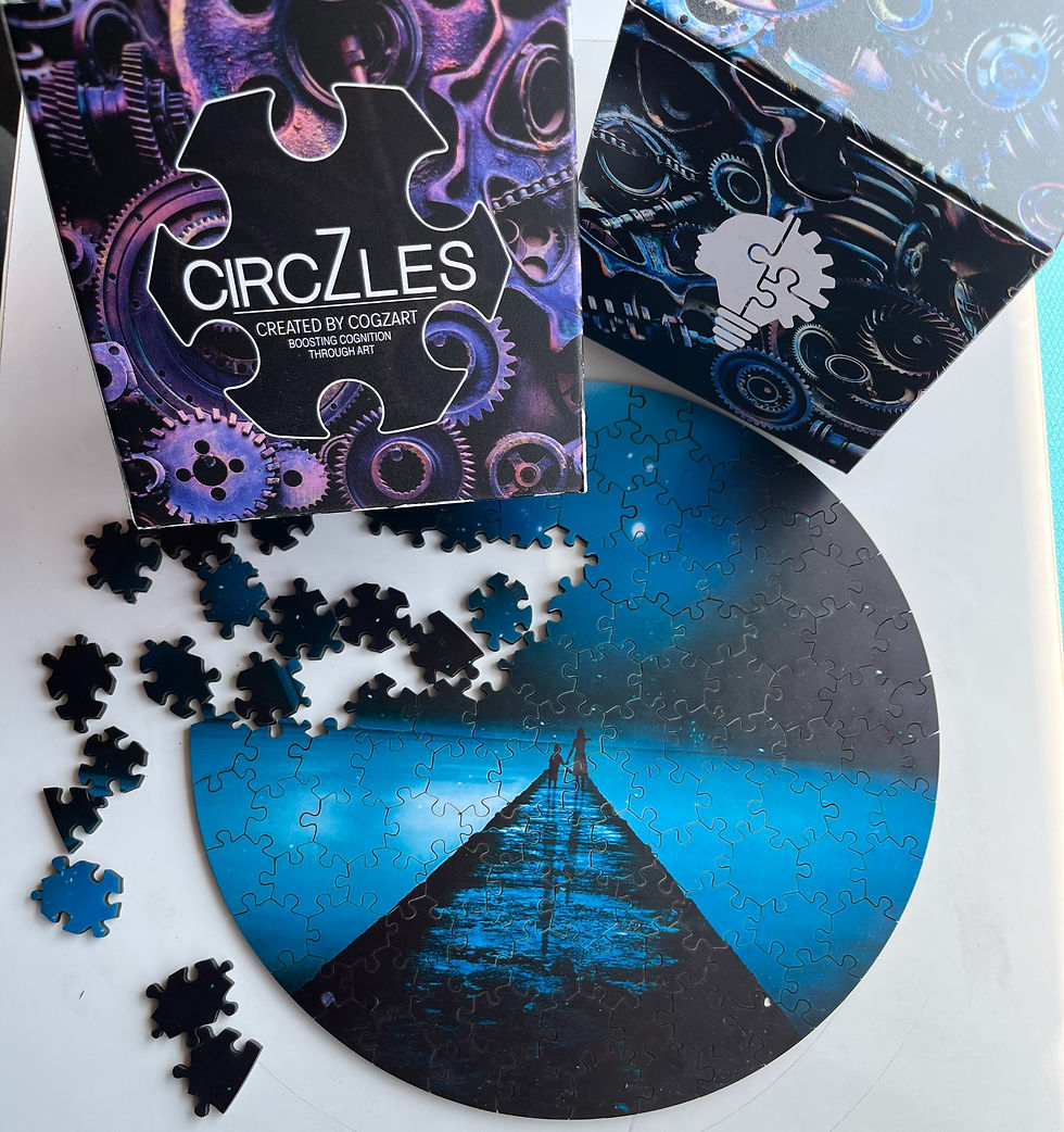 Circular blue jigsaw puzzle with scattered pieces.