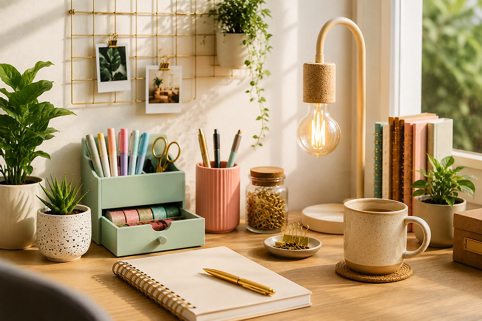 Bright sunlit workspace with organized desk accessories, notebook, pens, plants, coffee mug, and warm lighting for a cozy home office setup.