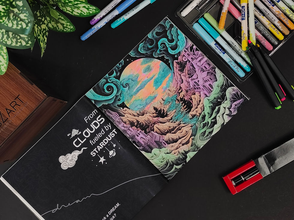Desk setup with vibrant pastel markers and a detailed cosmic ACBs page, highlighting artistic focus and relaxation.