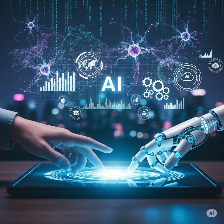 The QWERTY Ink AI content visual showing human creativity, machine intelligence, and brand communication in the AI era.
