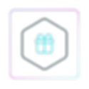 Neon gift icon inside a hexagon frame representing creative puzzle gifting and cognitive wellness rewards.