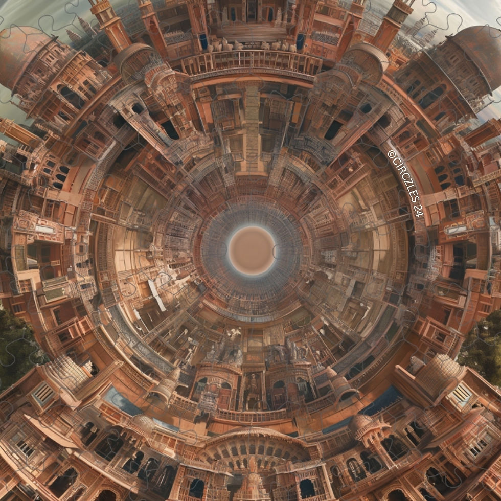 Circular architectural design with buildings in a unique circular puzzle.