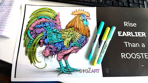 ACB page of a mechanical rooster with gears beside text 'Rise EARLIER Than a ROOSTER' and markers.