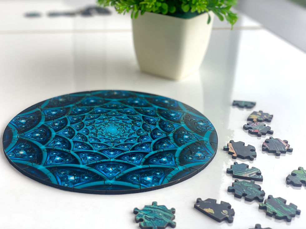 Blue circular puzzle with intricate geometric design enhances visual focus and mindful play as pieces are arranged on a clean tabletop