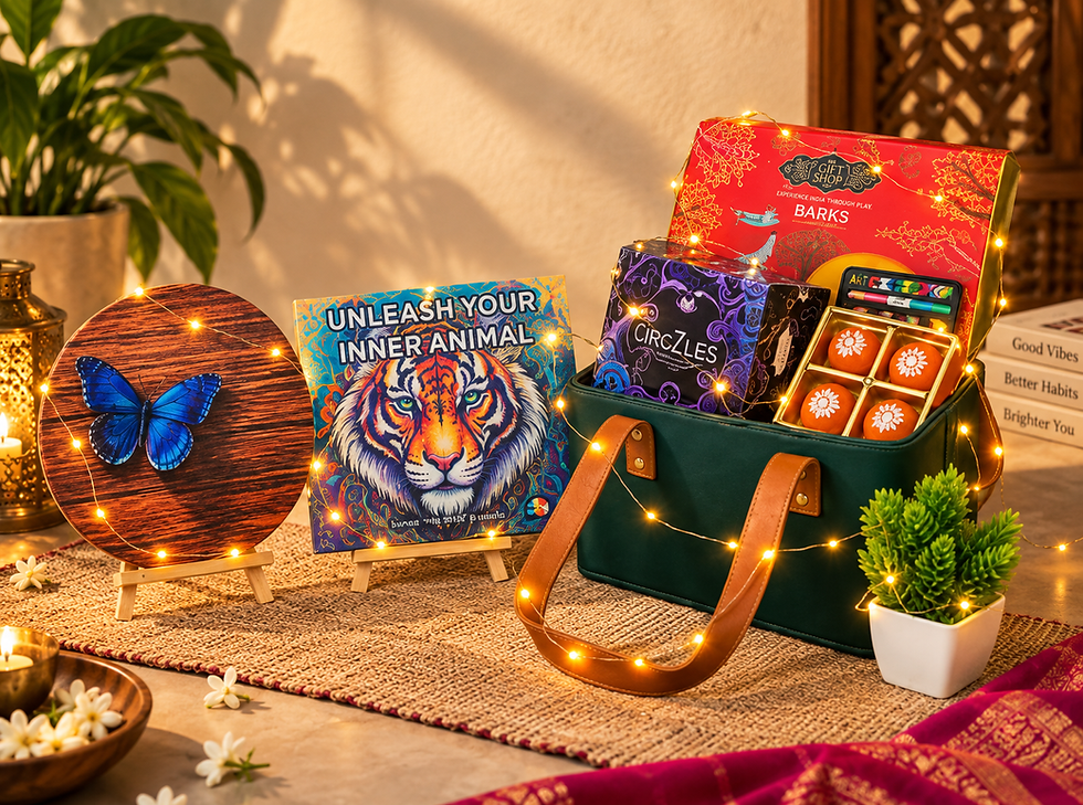 Festive gift display with fairy lights, butterfly and tiger art, a green tote of colorful boxes, in a warm cozy room