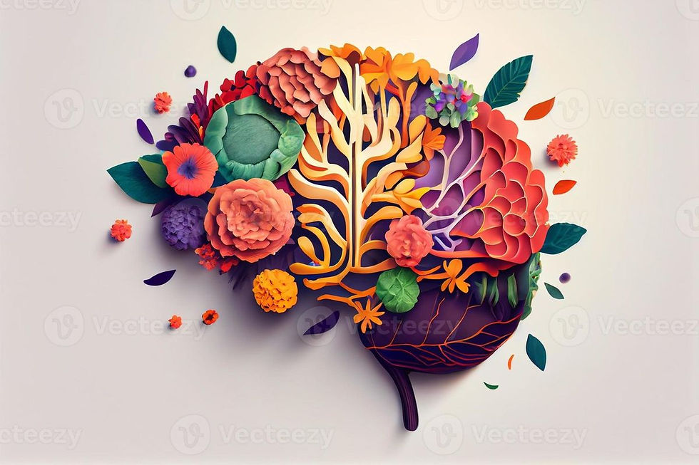 Colorful floral brain illustration symbolizing creativity, mental wellness, and blooming ideas for adult puzzlers from cogzart.