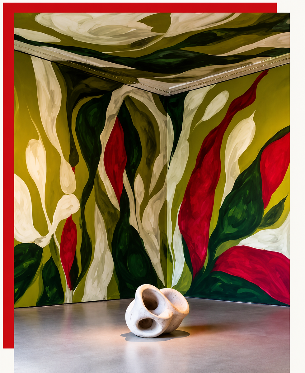 Maze of Haze contemporary abstract botanical artwork with expressive green, ivory, and crimson forms displayed alongside a mo