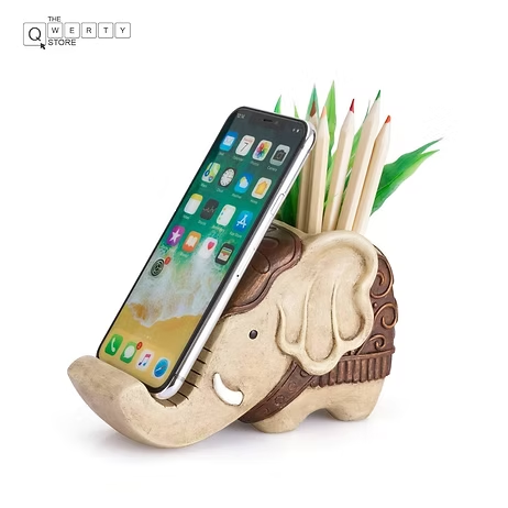 Elephant-shaped wooden phone stand and pen holder desk organizer – cute workspace accessory from The Qwerty Store.