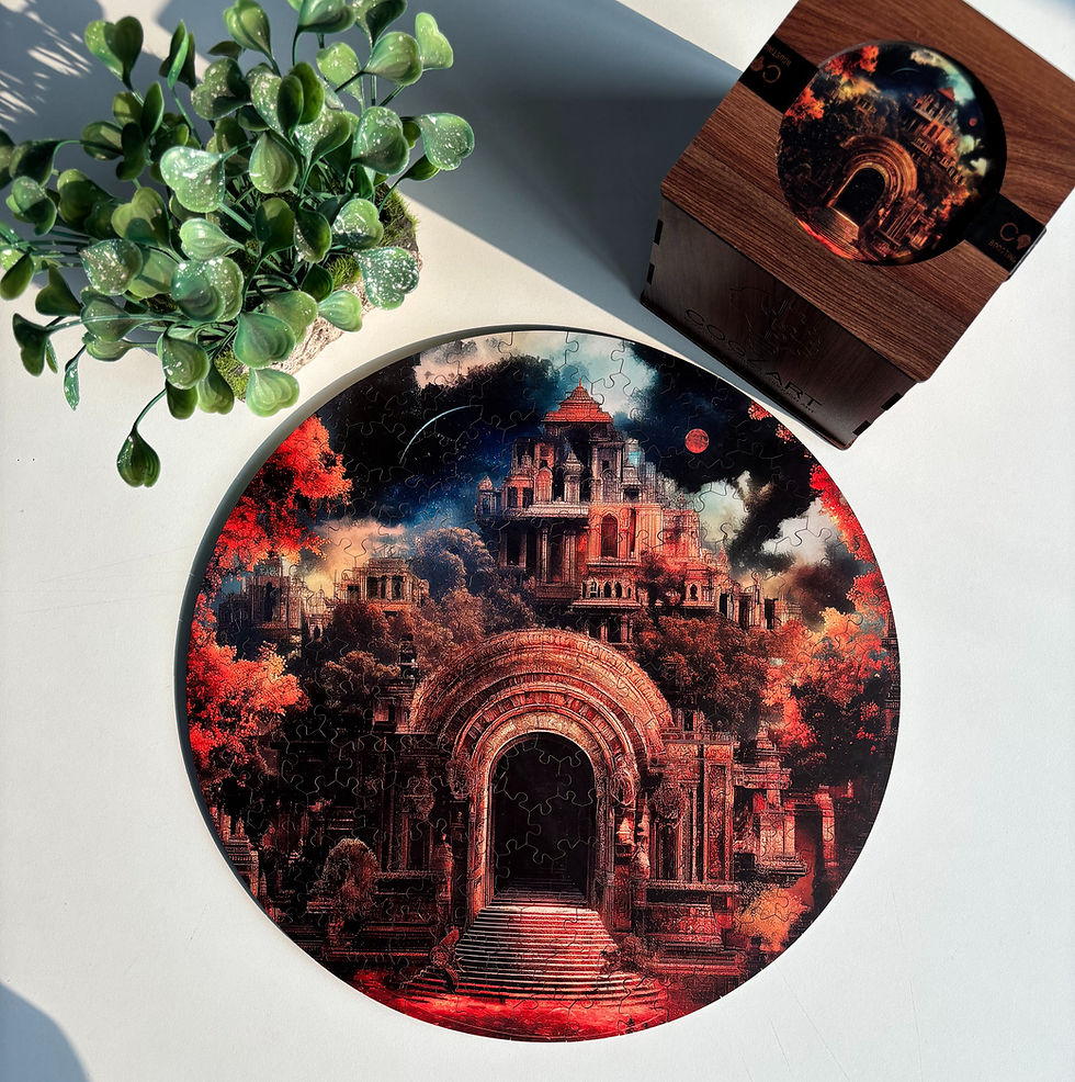 Once Upon India circular Wooden Puzzles featuring fantasy Indian temple gateway under dramatic night sky, elevate your puzzle art collection