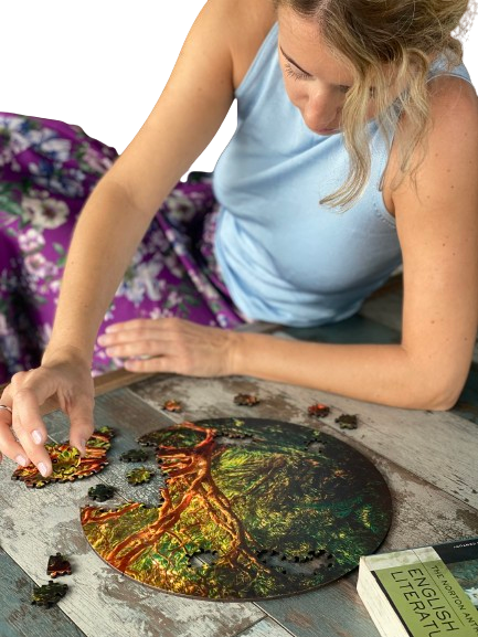 Woman doing a puzzle, a focus improvement activity