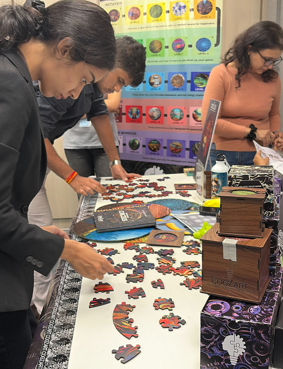 People solving colorful circular wooden puzzles during a collaborative cognitive wellness and brain training event