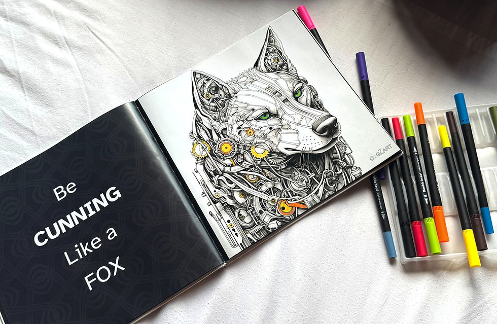 Open ACB with a mechanical fox design. Text reads "Be Cunning Like a Fox." Colorful markers nearby on a white surface.