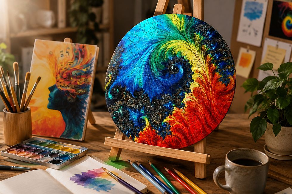 Colorful art studio with circular rainbow puzzle on easel, portrait painting, brushes, paints, sketchbook, and coffee mug.