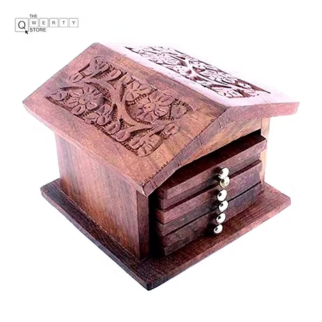 Hand-carved wooden lockbox with a slanted lid and number code lock for secure, aesthetic storage.