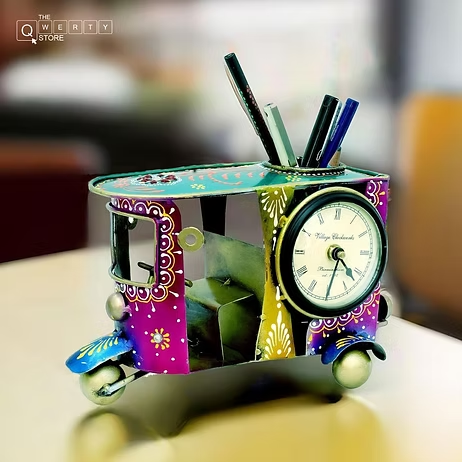Mini tuk tuk desk organizer with clock and pen holder – quirky desk accessory from The Qwerty Store.