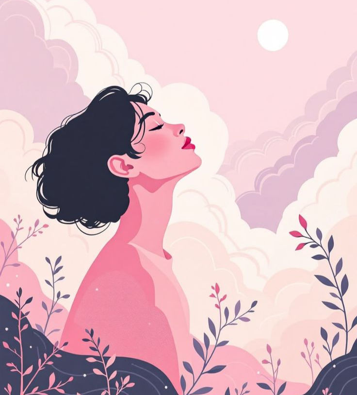 A serene woman surrounded by clouds and blooming branches, symbolizing inner peace and sexual self-awareness after shedding societal shame.