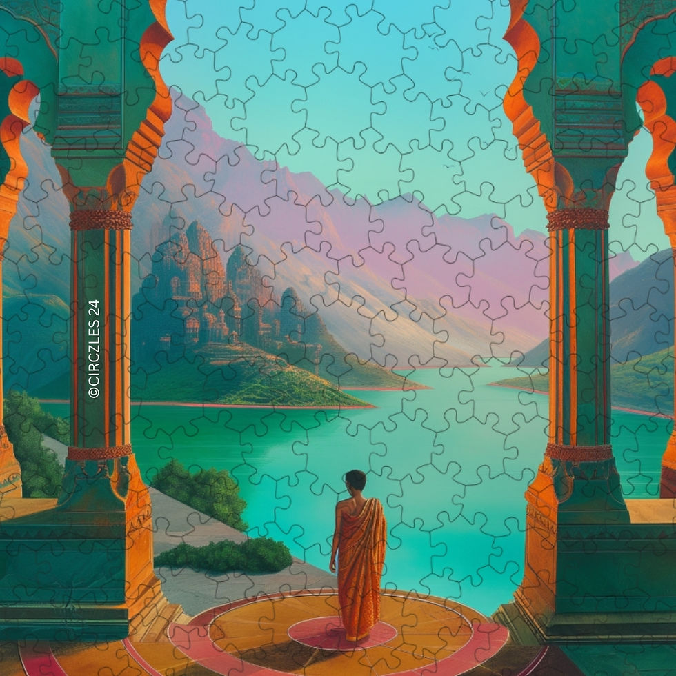 Person in orange robe overlooking mountains with a lake, 