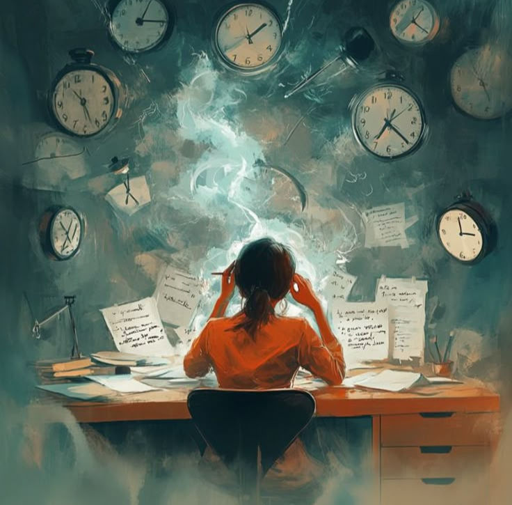 Stressed adult at desk surrounded by clocks and scattered papers.