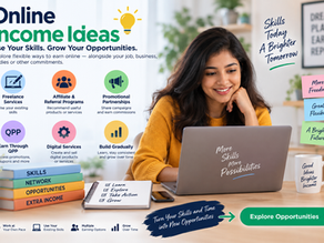 Smiling woman at laptop in bright home office, with poster reading Online Income Ideas and notes on skills, freedom, opportunities.