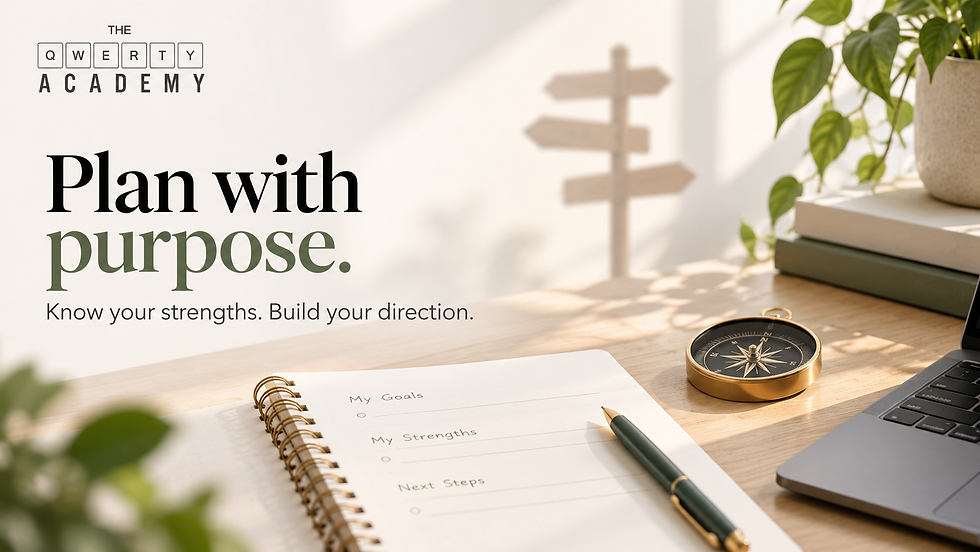 Career Planning visual by The QWERTY Academy highlighting strengths, goals, next steps, and choosing a career direction with greater clarity.