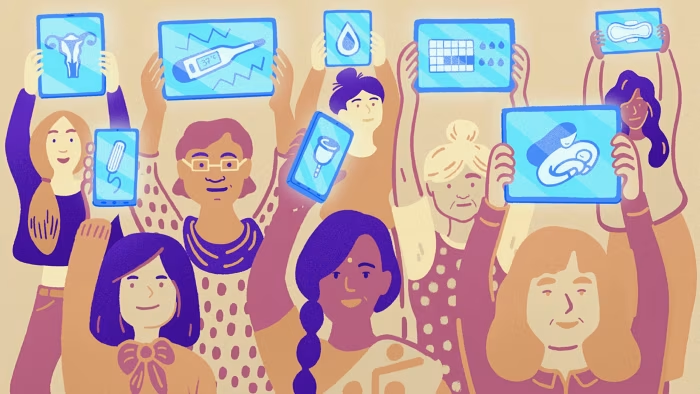 Illustration of diverse women confidently holding up digital icons of menstrual and sexual health products, representing empowerment, education, and open conversation around taboo topics.