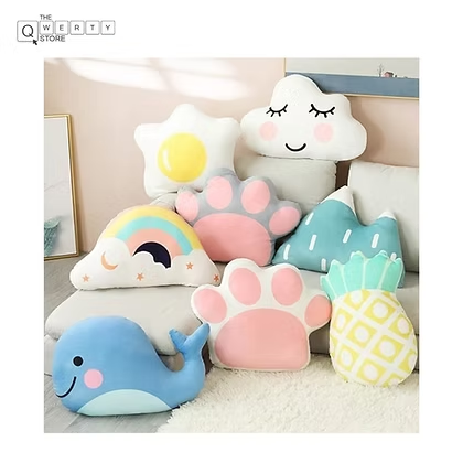Cute pastel plush cushions from The QWERTY Store—clouds, rainbows, paw prints and animals designed to soften beds, sofas, and moods.