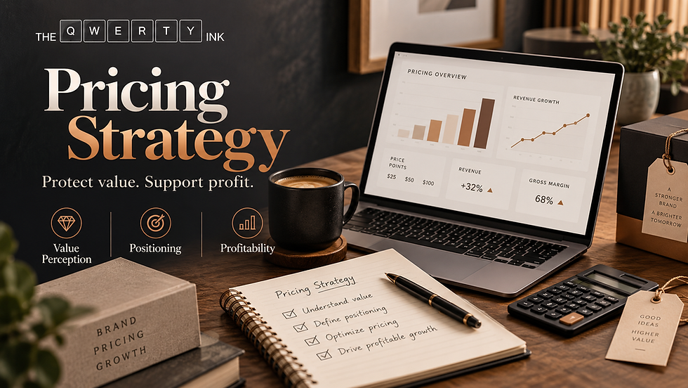 Pricing Strategy visual by The QWERTY Ink showing pricing analysis, value perception, market positioning, revenue growth, and profitability planning.