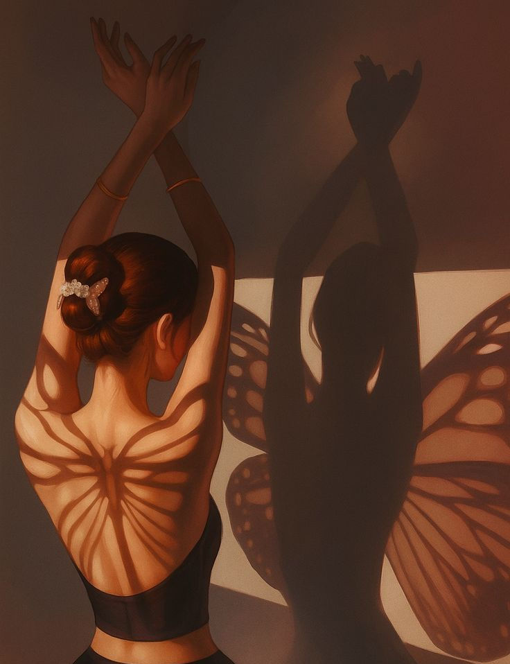 A woman with arms raised casts a butterfly wing shadow—symbolizing transformation, freedom, and body autonomy.
