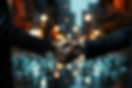Business handshake over a futuristic digital city interface, symbolizing partnership, trust, innovation, and technology-driven growth.