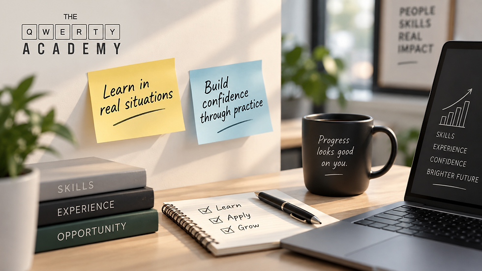Work Based Learning visual by The QWERTY Academy showing practical learning, skill development, real situations, experience, and confidence building through applied work.