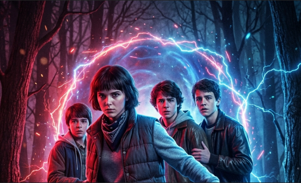 Teens in a forest look serious, with a glowing portal behind them, radiating blue and red light. The mood is tense and mysterious.