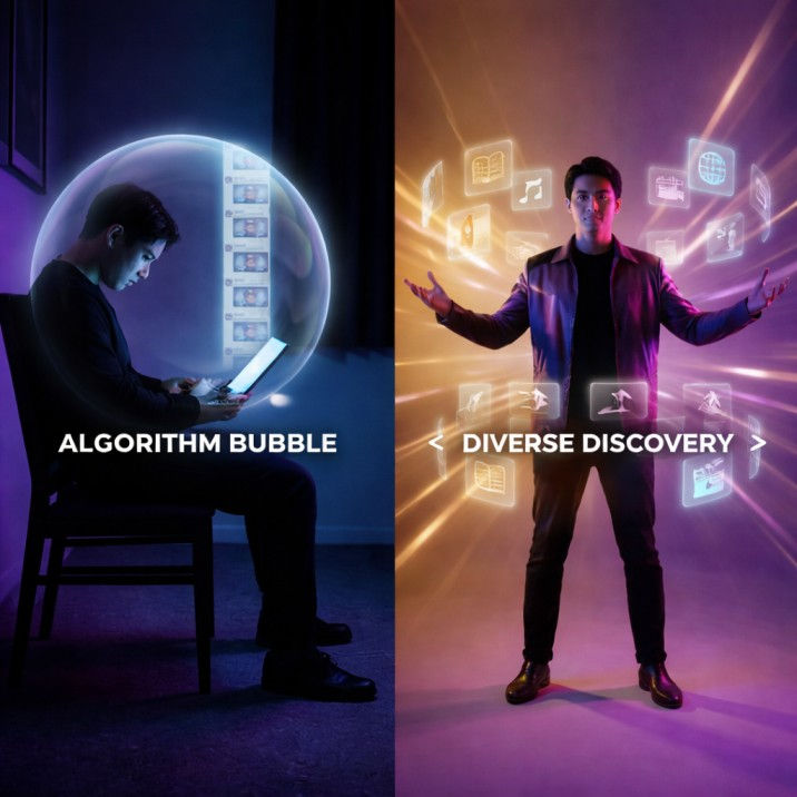 Two scenes: left, a man in a bubble using a laptop, text "Algorithm Bubble"; right, same man with icons surrounding him, text "Diverse Discovery".