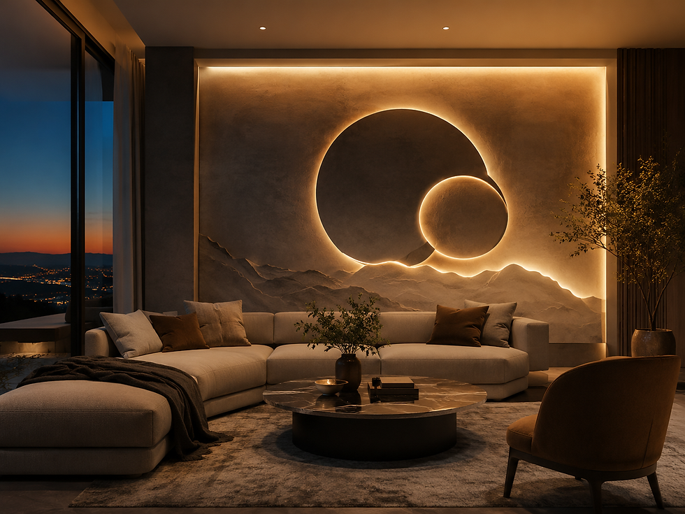 Warm modern living room with sectional sofa, marble coffee table, glowing circular wall art, and city sunset view.
