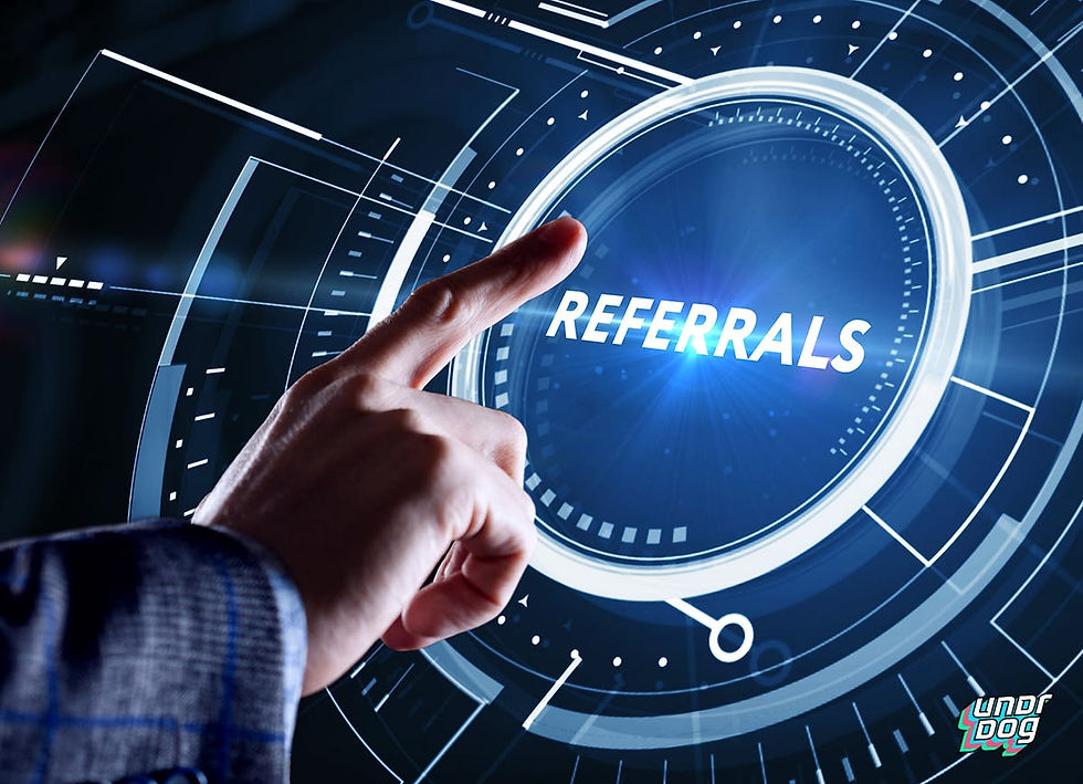 Hand points at futuristic blue interface with REFERRALS text and circular HUD graphics.